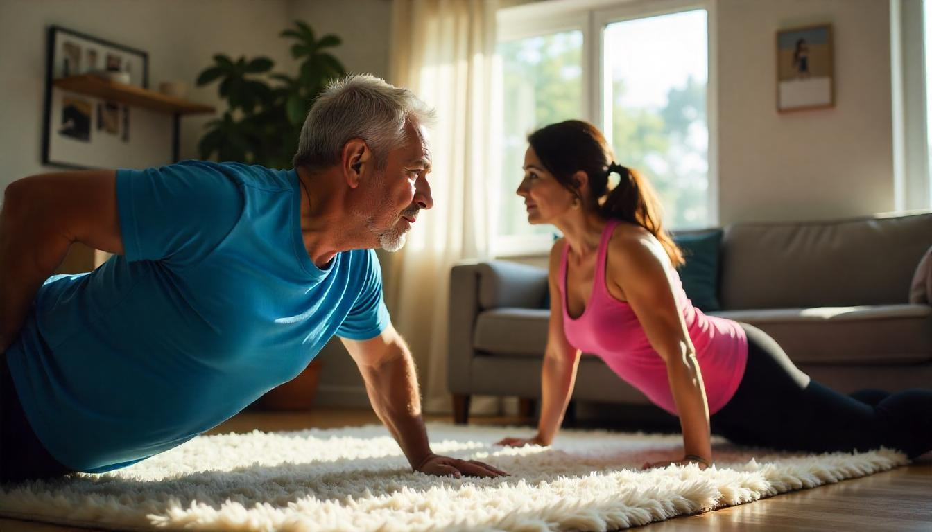 Pareja mayor haciendo ejercicio en casa, promoviendo un estilo de vida saludable después de los 50.
