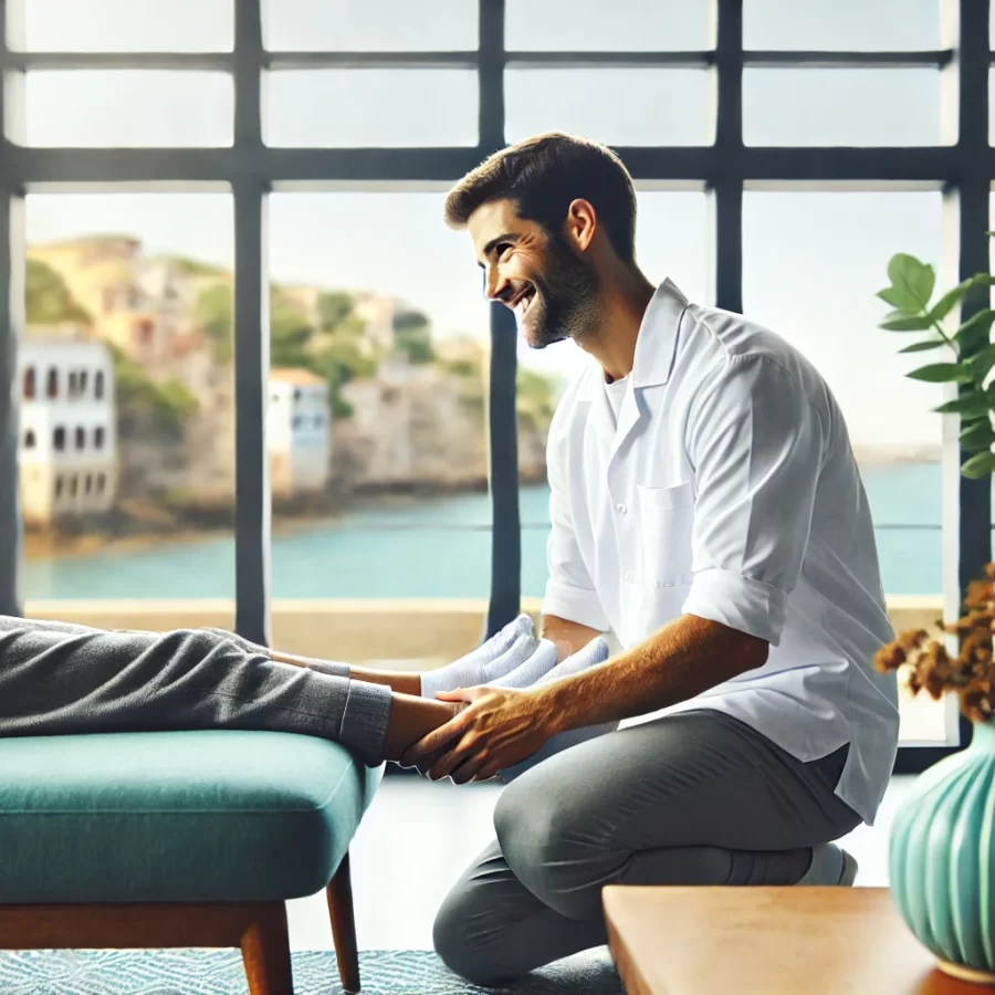 DALL·E 2025-01-18 09.47.21 - Una imagen serena y profesional de un fisioterapeuta asistiendo a una persona mayor en un ambiente hogareño bien iluminado, diseñada como un slider pa