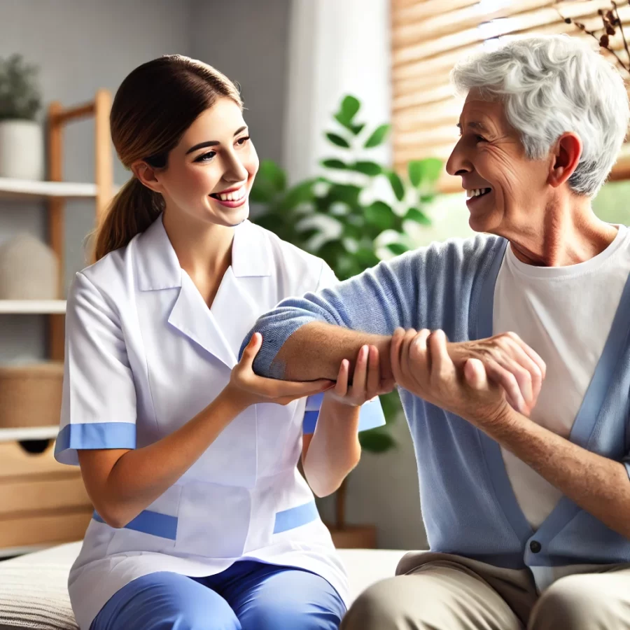 DALL·E 2025-01-18 09.48.27 - A professional and serene image of a physiotherapist assisting an elderly person with exercises at home. The setting is cozy and well-lit, with a focu
